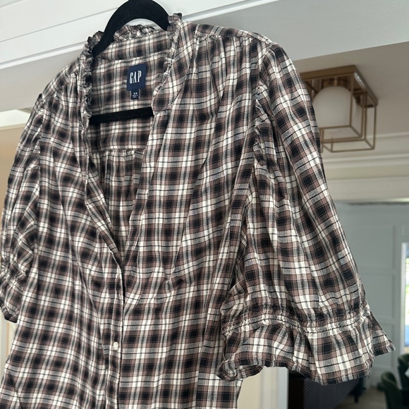 GAP Brown, Black, & Ivory/Cream Plaid Crinkle Gauze Puff Sleeve Shirt - Size XL - Picture 10 of 13